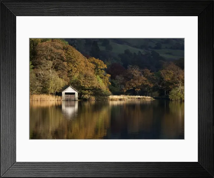 Framed Print : Boathouse reflections in late evening light on Rydal Water - October - Lake District - England Framed Print : Boathouse reflections in late evening light on Rydal Water - October - Lake District - England