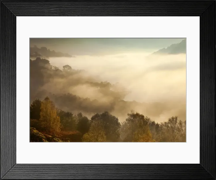 Framed Print : View of Rydal Water covered in mist from White Moss Common - October - Lake District - England Framed Print : View of Rydal Water covered in mist from White Moss Common - October - Lake District - England