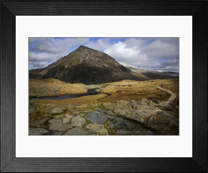 Framed Print : Path leading from Cwm Idwal towards Pen yr Old Wen mountain - F ebruary - Ogwen Valley - Snowdonia - North Wales - UK Framed Print : Path leading from Cwm Idwal towards Pen yr Old Wen mountain - F ebruary - Ogwen Valley - Snowdonia - North Wales - UK