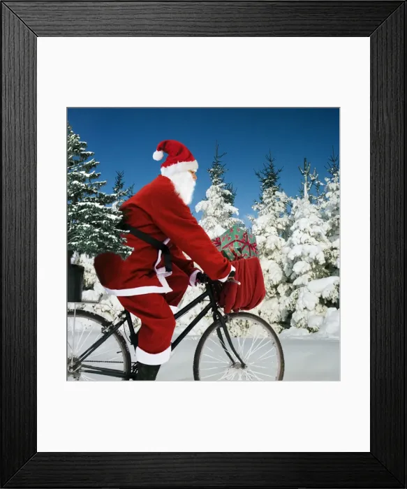 Framed Print : Father Christmas - on bicycle cycling past Fir Trees covered in snow Digital Manipulation: Father Christmas & presents SU - Tree ME Framed Print : Father Christmas - on bicycle cycling past Fir Trees covered in snow Digital Manipulation: Father Christmas & presents SU - Tree ME