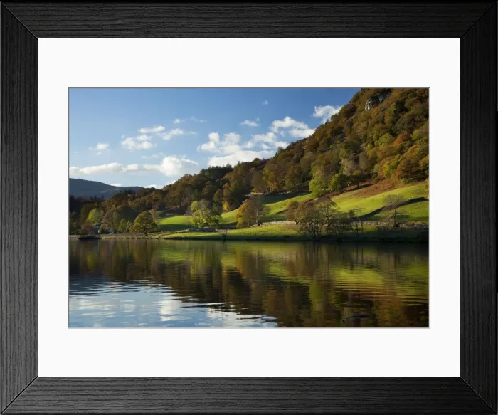 Framed Print : Rydal Water in evening light with woodland reflections - October - Lake District - England Framed Print : Rydal Water in evening light with woodland reflections - October - Lake District - England