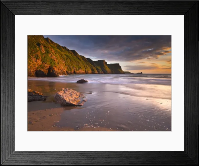 Framed Print : Rhossili - beach at sunset - Worms Head, Gower, Wales, UK