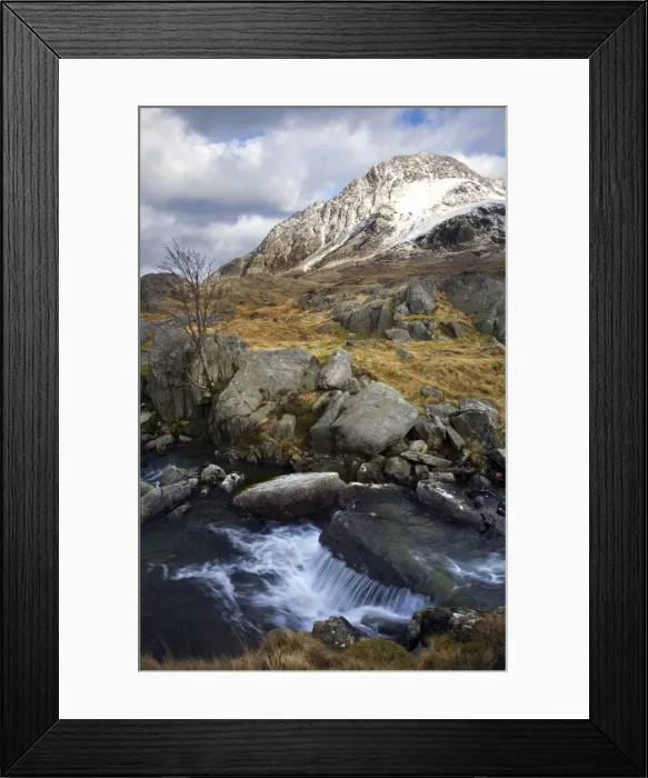 Framed Print : River Idwal with Tryfan covered in snow - March - Ogwen Valley - Snowdonia - Gwynedd - North Wales - UK Framed Print : River Idwal with Tryfan covered in snow - March - Ogwen Valley - Snowdonia - Gwynedd - North Wales - UK