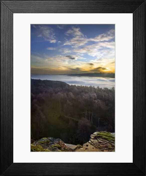 Framed Print : View form Hathersage over looking frost covered Silver Birch trees with mist in the valley towards Grindleford - Hathersage - Peak District - Derbyshire - England Framed Print : View form Hathersage over looking frost covered Silver Birch trees with mist in the valley towards Grindleford - Hathersage - Peak District - Derbyshire - England
