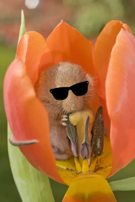 Framed Print : 13131107. Harvest Mouse, in Tulip flower wearing sunglasses Date Framed Print : 13131107. Harvest Mouse, in Tulip flower wearing sunglasses Date