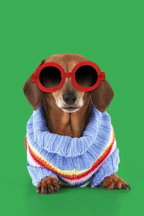 Framed Print : 13131285. Miniature Short Haired Dachshund Dog, wearing jumper and sunglasses Date Framed Print : 13131285. Miniature Short Haired Dachshund Dog, wearing jumper and sunglasses Date