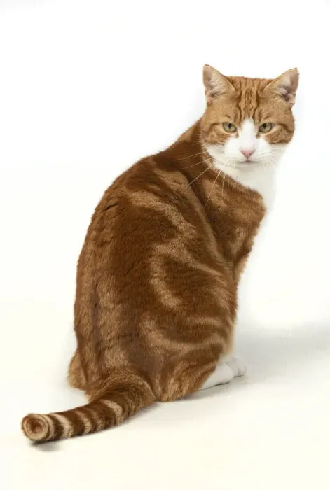 Framed Print : 13131389. CAT. ginger and white, sitting back view, studio, white background Date Framed Print : 13131389. CAT. ginger and white, sitting back view, studio, white background Date