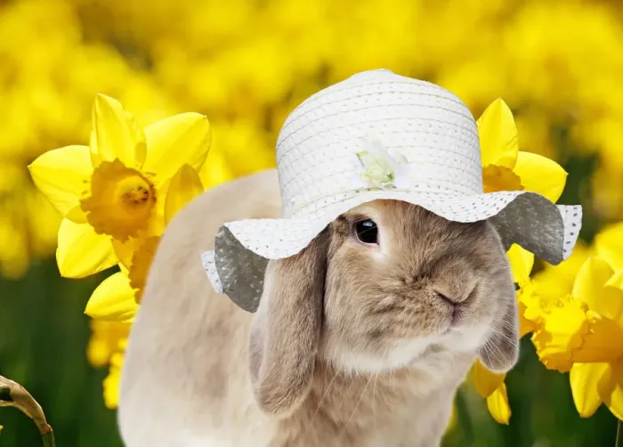Framed Print : 13131468. Dwarf Lop (Fancy). Rabbit wearing Easter hat with daffodils in spring Date Framed Print : 13131468. Dwarf Lop (Fancy). Rabbit wearing Easter hat with daffodils in spring Date