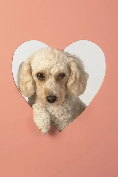 Framed Print : 13131493. DOG. Cockerpoo with head through heart shape hole, studio Date Framed Print : 13131493. DOG. Cockerpoo with head through heart shape hole, studio Date