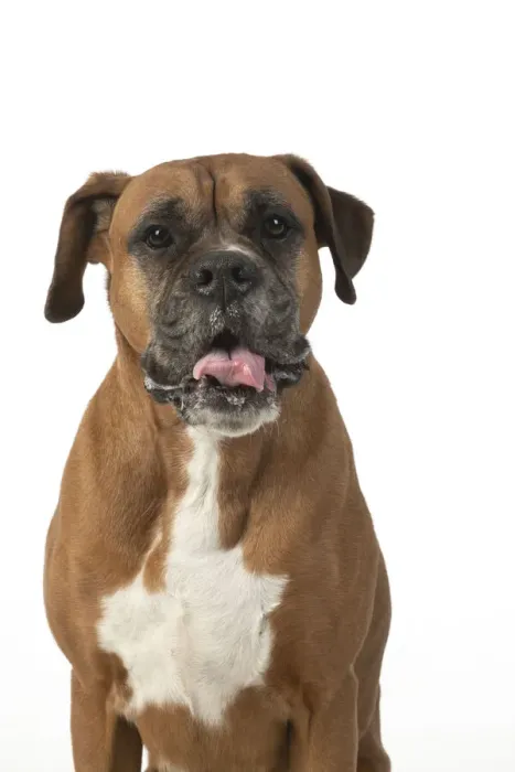 Framed Print : 13131557. DOG. Boxer dog, sitting face expressions, studio, white back ground Date Framed Print : 13131557. DOG. Boxer dog, sitting face expressions, studio, white back ground Date