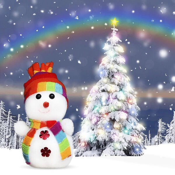 13131787. Snowman and Christmas Tree with Christmas lights and star in winter snow Date