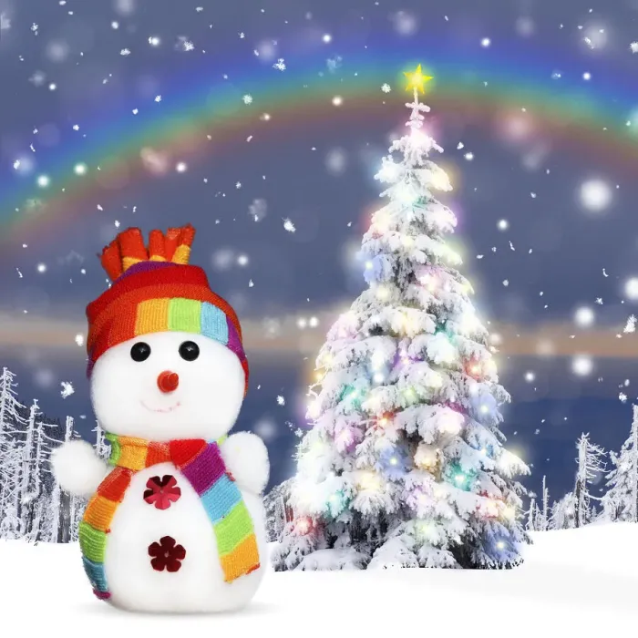 Framed Print : 13131787. Snowman and Christmas Tree with Christmas lights and star in winter snow Date Framed Print : 13131787. Snowman and Christmas Tree with Christmas lights and star in winter snow Date