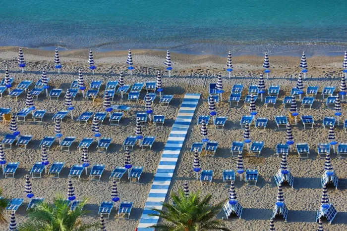 Framed Print : 13132526. Beach chairs and umbrellas on the beach at Vietri Sul Mare Framed Print : 13132526. Beach chairs and umbrellas on the beach at Vietri Sul Mare