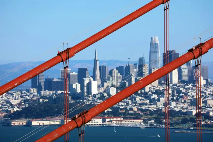 Framed Print : 13132545. Golden Gate Bridge and city skyline, San Franciso, California, USA Date Framed Print : 13132545. Golden Gate Bridge and city skyline, San Franciso, California, USA Date