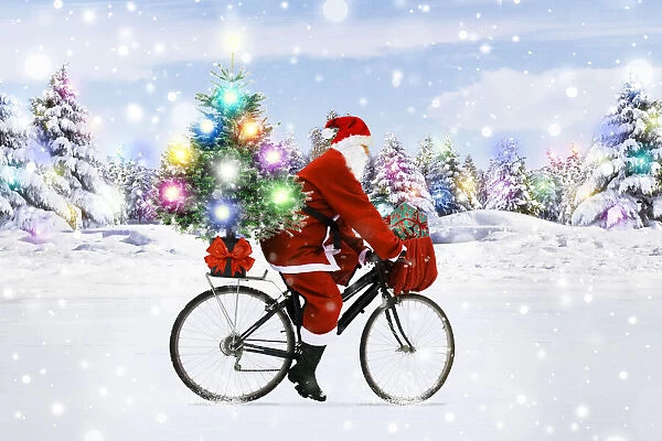 13132615. Father Christmas riding bicycle through winter snow scene Date
