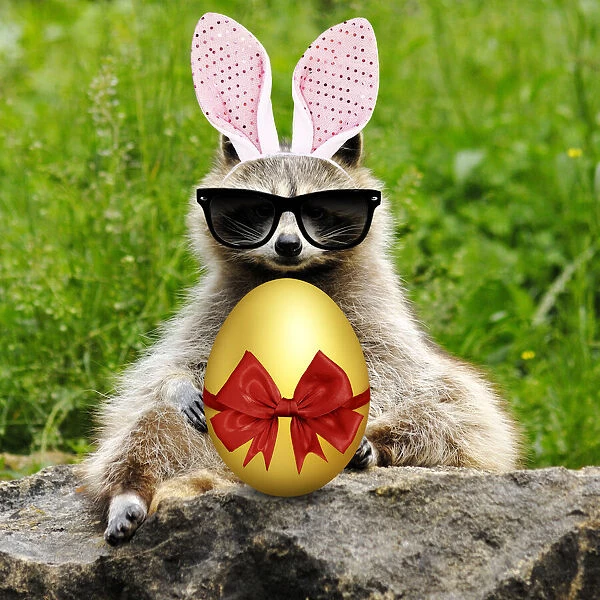 13132622. Raccoon with bunny ears Easter egg and sunglasses Date