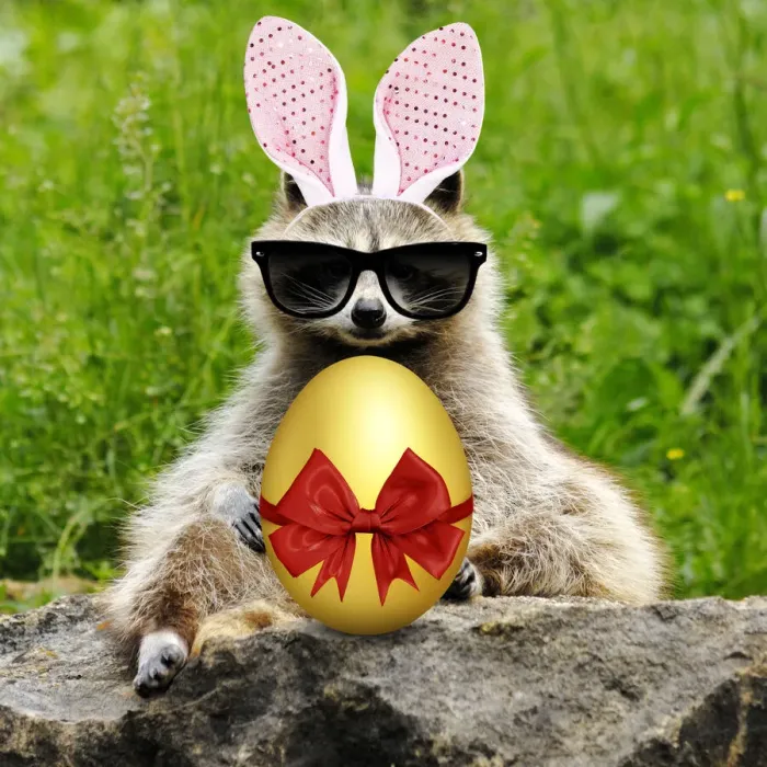 Framed Print : 13132622. Raccoon with bunny ears Easter egg and sunglasses Date Framed Print : 13132622. Raccoon with bunny ears Easter egg and sunglasses Date