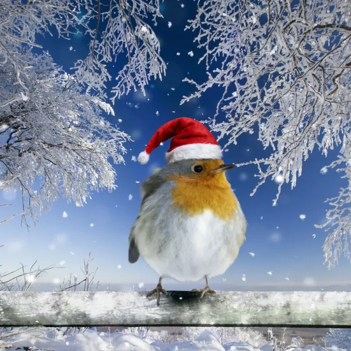 Framed Print : 13132677. Robin, perched on fence wearing Christmas hat in snow Date Framed Print : 13132677. Robin, perched on fence wearing Christmas hat in snow Date