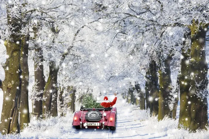 Framed Print : 13132679. Father Christmas driving through Oak trees covered in snow in winter Date Framed Print : 13132679. Father Christmas driving through Oak trees covered in snow in winter Date
