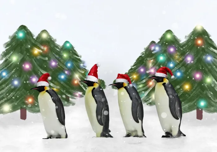 Framed Print : 13132692. Penguins wearing Christmas hats with Christmas trees Framed Print : 13132692. Penguins wearing Christmas hats with Christmas trees
