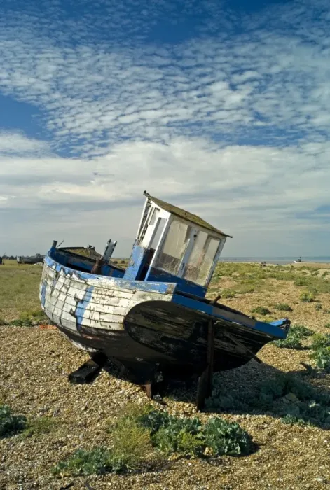 Framed Print : Abandoned Boat on shore - Dungeness, Kent. The beach at Dungeness looks like a dumping ground, but geologists are fascinated by the action of tides and wind on this extreme corner of Kent Framed Print : Abandoned Boat on shore - Dungeness, Kent. The beach at Dungeness looks like a dumping ground, but geologists are fascinated by the action of tides and wind on this extreme corner of Kent