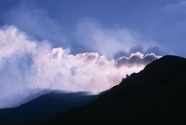 Aeolian Island Stromboli, smoke issuing from the volcano at dusk