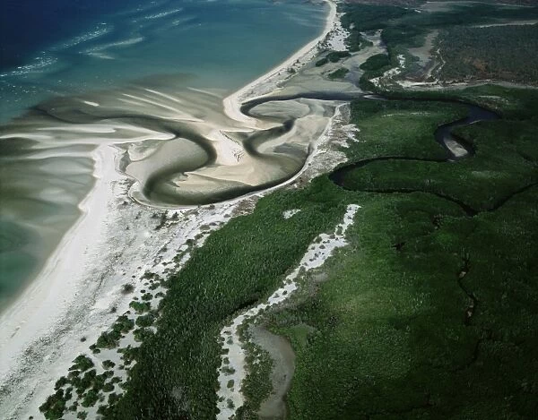 Aerial - Boucaut Bay river mouth, sandy beach & mangroves, Arnhemland (Aboriginal Land), Northern Territory, Australia JPF52923