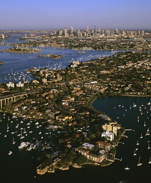 Aerial of city of Sydney with Drummoyne in foreground, Sydney, New South Wales, Australia JPF46763