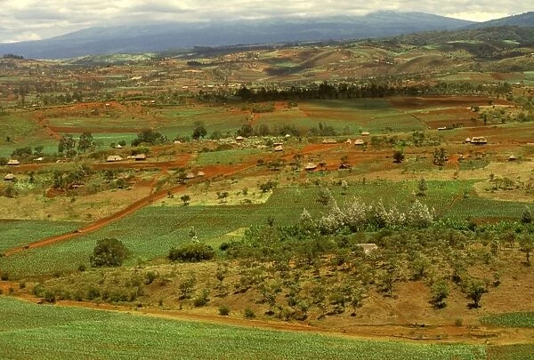 Aerial: cultivated land and human habitation near Ngorongoro Conservation Zone, Tanzania JFL14148