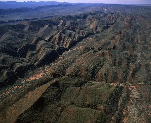 Aerial - Folded mountains near Glen Helen & Finke Gorge West MacDonnell National Park, Northern Territory, Australia JPF44730