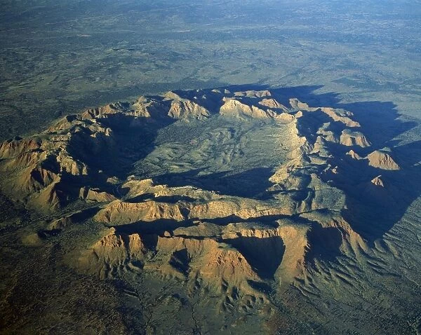 Aerial - Gosse Bluff, meteorite crater created about 130 years ago, showing ramparts 250 m high and inner crater 4 km wide, Tnorala Conservation Reserve, Missionary Plain, Northern Territory, Australia JPF47667