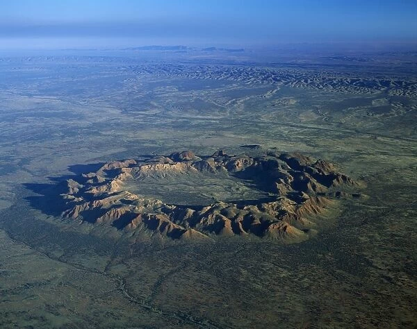 Aerial - Gosse Bluff, meteorite crater created about 130 years ago, showing ramparts 250 m high and inner crater 4 km wide, Northern Territory, Australia JPF47673