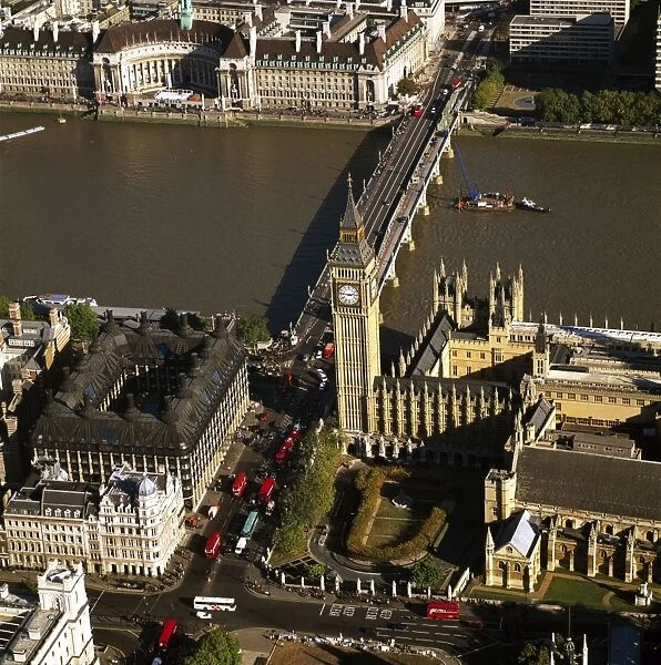Aerial image of London, England, UK: Houses of Parliament (the Palace of Westminster), Big Ben, Westminster