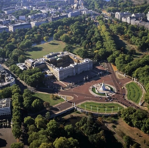 Aerial image of London, England, UK: Buckingham Palace, an official London residence of the British monarch, city of Westminster