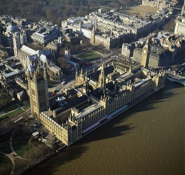 Aerial image of London, England, UK: Houses of Parliament (the Palace of Westminster), Big Ben, Westminster