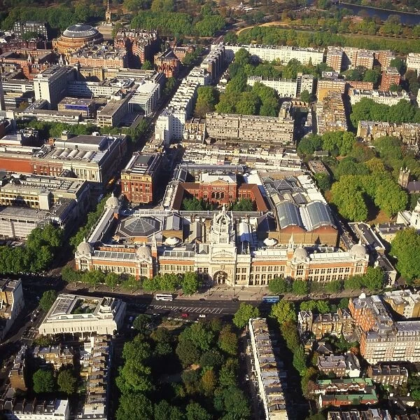 Aerial image of London, England, UK: Victoria and Albert Museum (the world's largest museum of decorative arts and design, housing a permanent collection of over 4. 5 million objects), Albertopolis, Cromwell Gardens, South Kensington