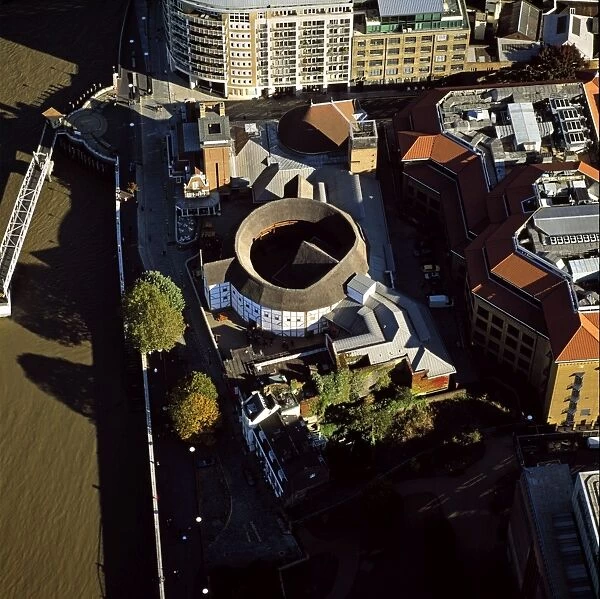 Aerial image of London, England, UK: Globe Theatre (Shakespeare's Globe) and the River Thames