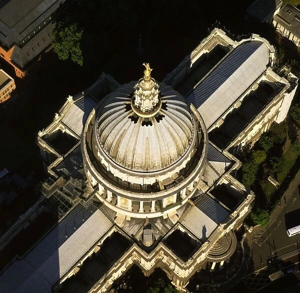 Aerial image of London, England, UK: St. Paul's Cathedral, an Anglican cathedral and the seat of the Bishop of London, Ludgate Hill, City of London
