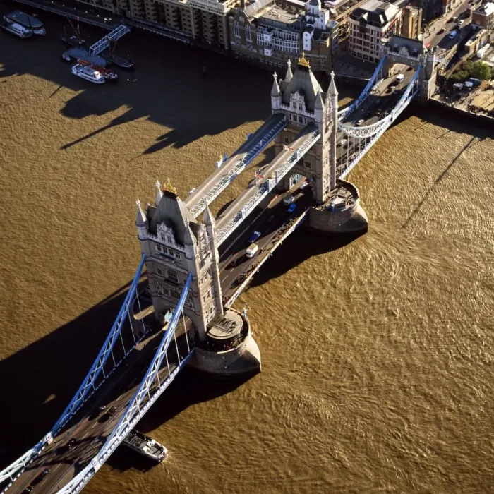 Framed Print : Aerial image of London, England, UK: Tower Bridge (a combined bascule and suspension bridge), over the River Thames Framed Print : Aerial image of London, England, UK: Tower Bridge (a combined bascule and suspension bridge), over the River Thames