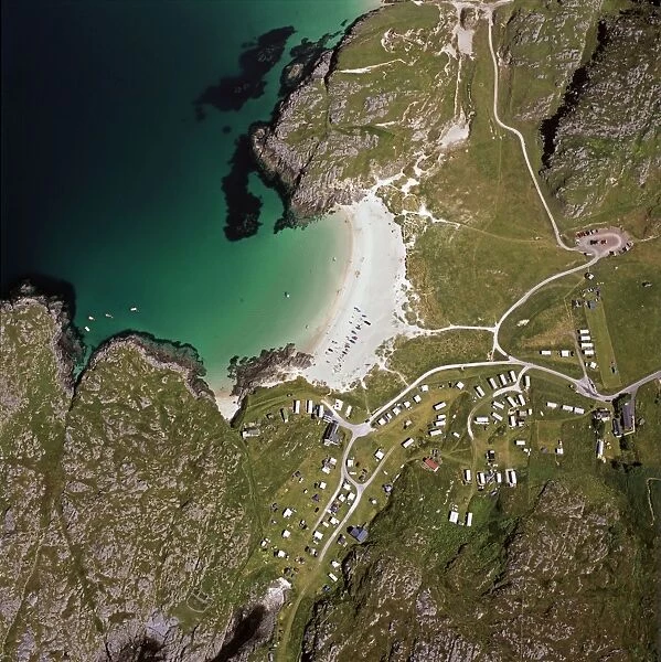 Aerial image of Scotland, UK: Achmelvich (Gaelic: Achadh Mhealbhaich), a settlement situated, near Lochinver, Highland, Scotland