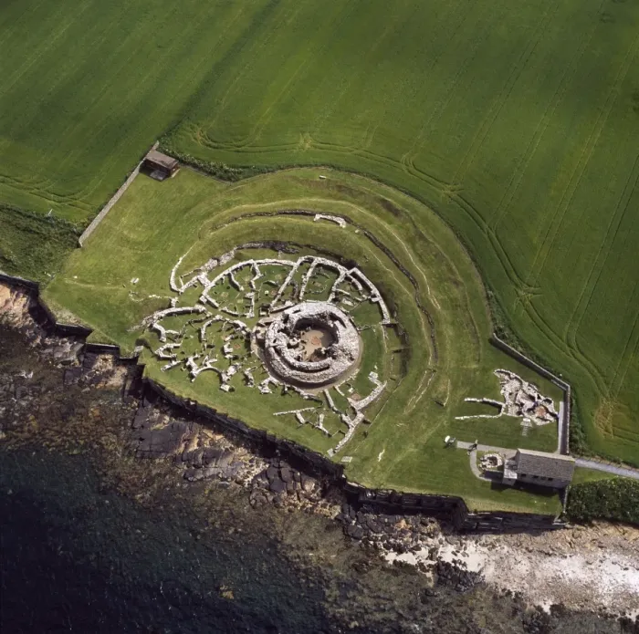 Framed Print : Aerial image of Scotland, UK: The Broch of Gurness, an Iron Age broch with a surrounding settlement on the northwest coast of Mainland Orkney Framed Print : Aerial image of Scotland, UK: The Broch of Gurness, an Iron Age broch with a surrounding settlement on the northwest coast of Mainland Orkney