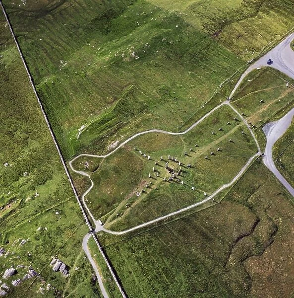 Aerial image of Scotland, UK: Callanish Standing Stones, Callanais, Isle of Lewis and Harris, Outer Hebrides: a group of stones that date from the late Stone Age and early Bronze Age