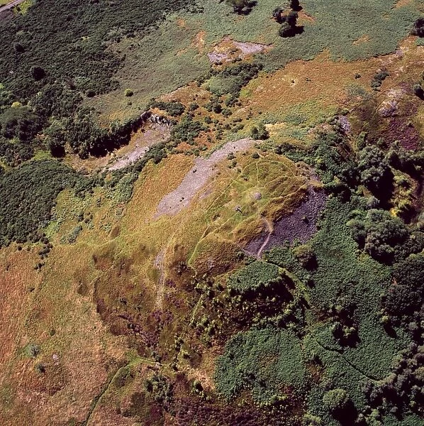 Aerial image of Scotland, UK: Castle Law, an Iron Age hill fort, sits above the confluence of the River Tay and River Earn, Abernethy, Perthshire