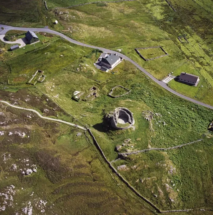 Framed Print : Aerial image of Scotland, UK: Dun Carloway, Carloway, on the west coast of the Isle of Lewis, Outer Hebrides: a remarkably well preserved Iron Age Broch, with part of the wall still stands to a height of 9 metres Framed Print : Aerial image of Scotland, UK: Dun Carloway, Carloway, on the west coast of the Isle of Lewis, Outer Hebrides: a remarkably well preserved Iron Age Broch, with part of the wall still stands to a height of 9 metres