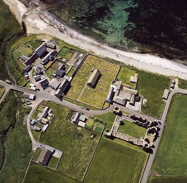 Aerial image of Scotland, UK: Earl's Palace, Birsay, a 16th century ruined castle, north west corner of Mainland Orkney