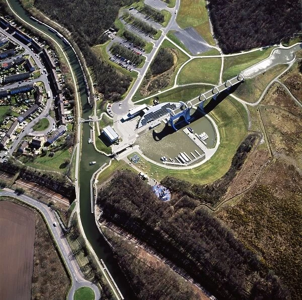 Aerial image of Scotland, UK: The Falkirk Wheel, Falkirk, Scotland, a rotating boat lift connecting the Forth and Clyde Canal with the Union Canal