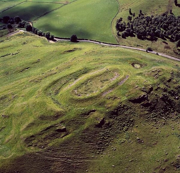 Aerial image of Scotland, UK: Hill of Barra, an Iron Age hill fort withtraces of mediaeval ridge and furrow cultivation, Aberdeenshire