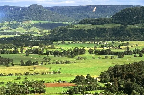 Aerial - Kangaroo Valley, dairy farming area New South Wales, Australia JPF48900