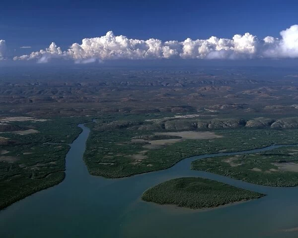 Aerial - King Sound: mangrove-lined river & hills Kimberley region, Western Australia JPF44711