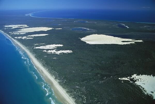 Aerial, lagoons lakes, sand dunes Great Sandy National Park, Fraser Island, Queensland, Australia JPF34643